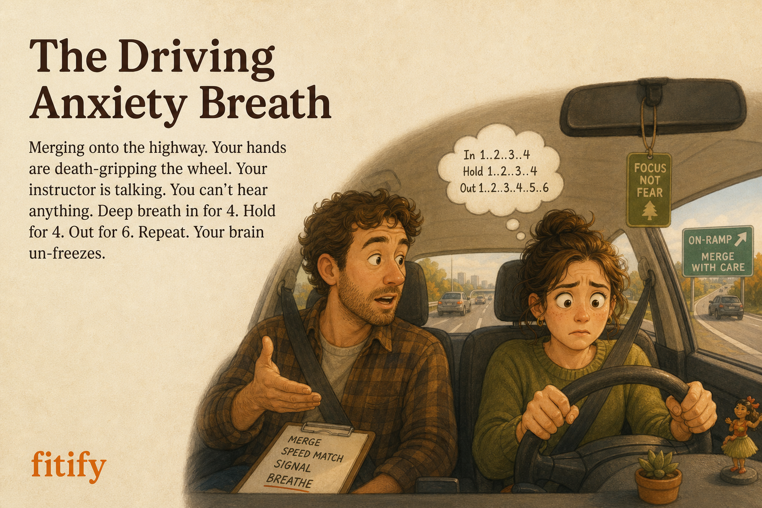 The Driving Anxiety Breath — Merging onto the highway. Your hands are death-gripping the wheel. Your instructor is talking. You can't hear anything. Deep breath in for 4. Hold for 4. Out for 6. Repeat. Your brain un-freezes.