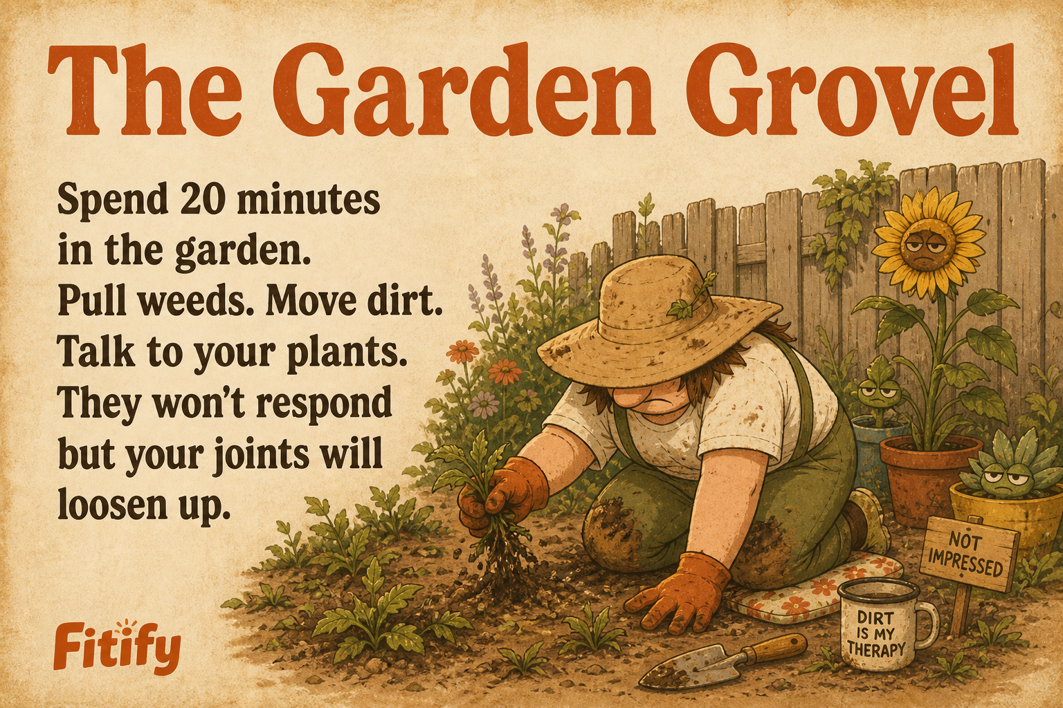 The Garden Grovel — Spend 20 minutes in the garden. Pull weeds. Move dirt. Talk to your plants. They won't respond but your joints will loosen up.