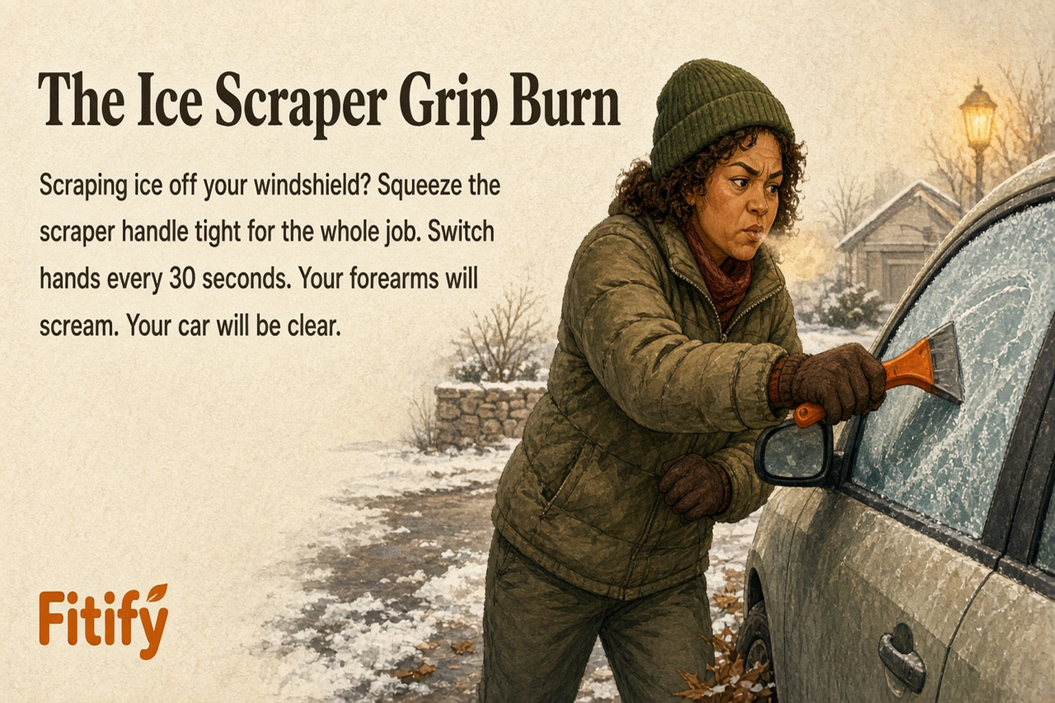 The Ice Scraper Grip Burn — Scraping ice off your windshield? Squeeze the scraper handle tight for the whole job. Switch hands every 30 seconds. Your forearms will scream. Your car will be clear.