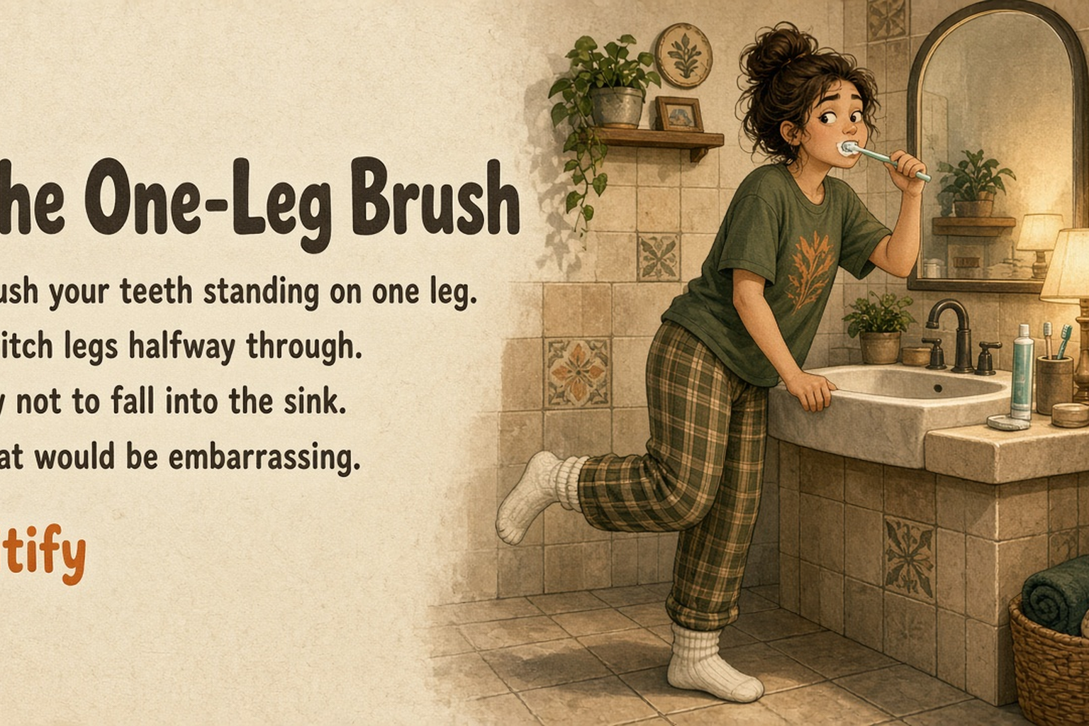 The One-Leg Brush — Brush your teeth standing on one leg. Switch legs halfway through. Try not to fall into the sink. That would be embarrassing.