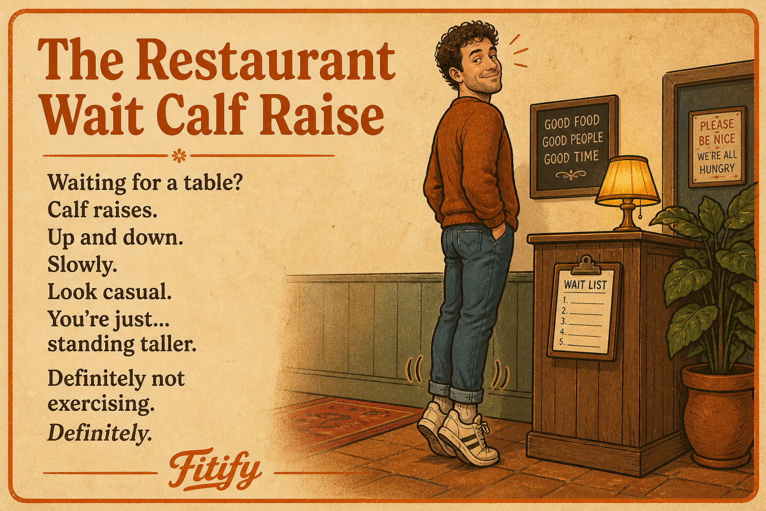 The Restaurant Wait Calf Raise — Waiting for a table? Calf raises. Up and down. Slowly. Look casual. You're just... standing taller. Definitely not exercising. Definitely.