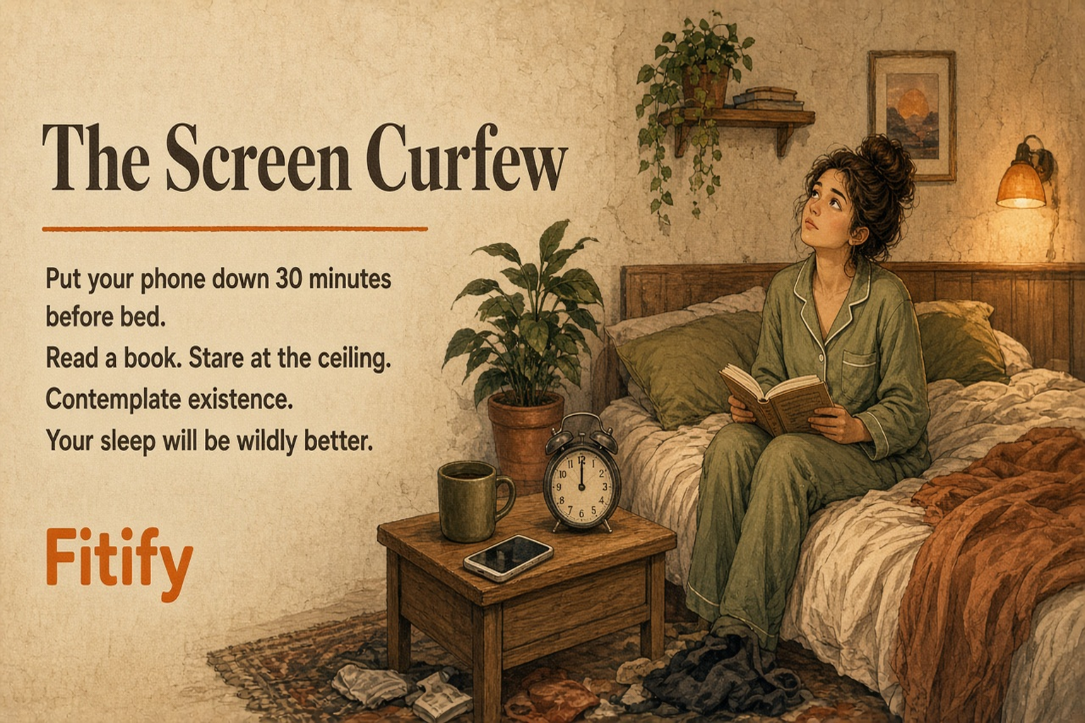 The Screen Curfew — Put your phone down 30 minutes before bed. Read a book. Stare at the ceiling. Contemplate existence. Your sleep will be wildly better.